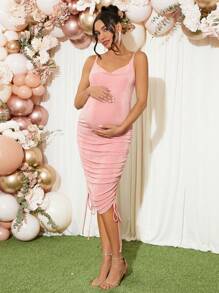Loomaby Maternity Plain Color Side Drawstring Strap Midi Dress, For Baby Shower Party - Pink - View 1