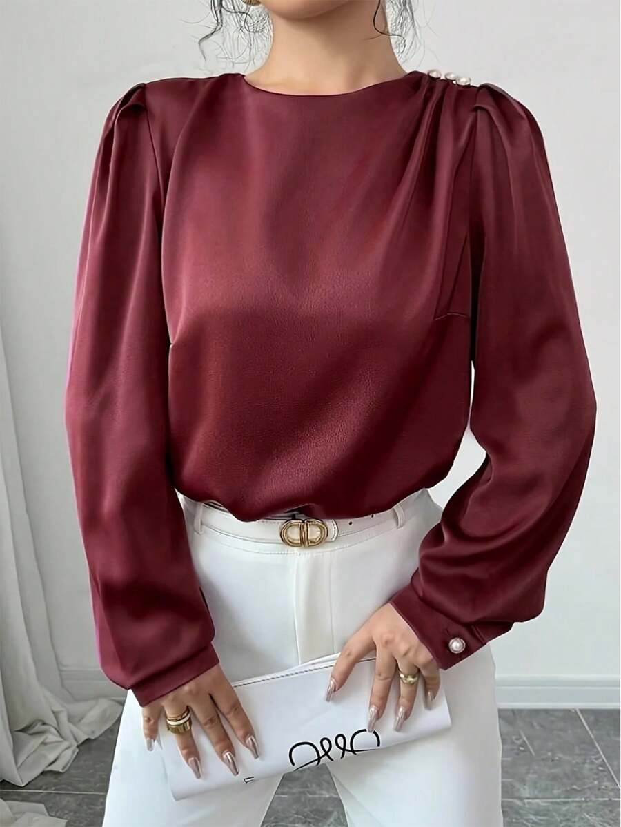 Women's Elegant Simple Solid Color Puff Sleeve Shirt Fall Cloth For Women - Burgundy - View 1