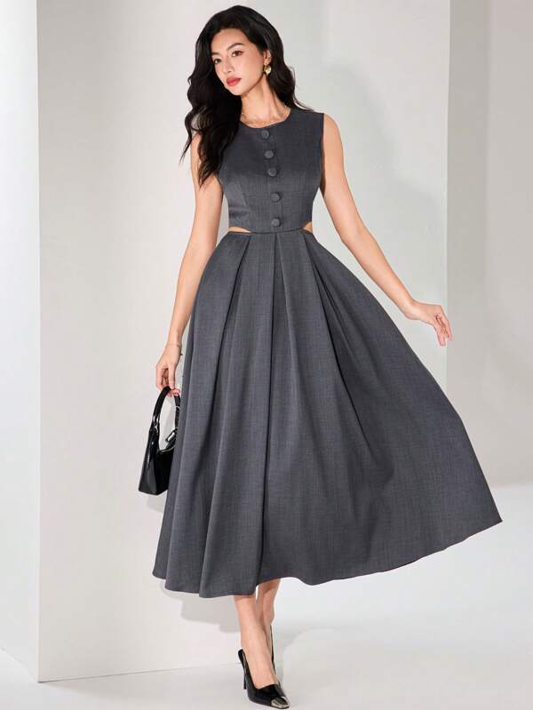 Heiryn Women's Solid Color Button Decoration Hollow Out Sleeveless Fashion Dress