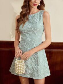 Vintamour 复古优雅度假提花迷你连衣裙，无袖修身喇叭绿色连衣裙，春夏