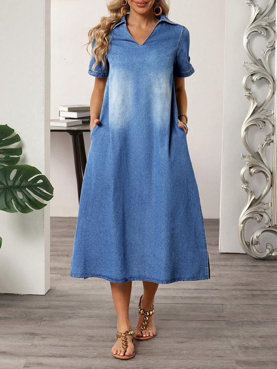 SHEIN LUNE 女士假日休闲洗水牛仔连衣裙 - 藍色 - 查看 1