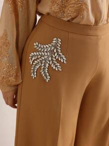 Anewsta 大码优雅时尚串珠水晶缀饰阔腿西装裤，适合新年、情人节度假 - 駝色 - 查看 3