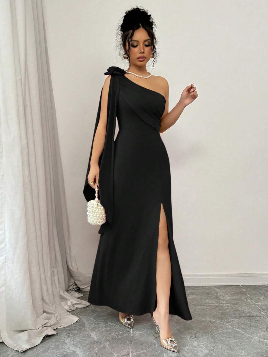 SHEIN Elenzya 女士纯色无袖立领花卉装饰开衩优雅连衣裙 - 黑色 - 查看 1