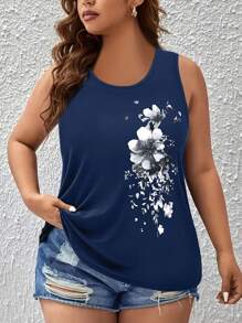 EMERY ROSE Camiseta sin mangas de cuello redondo con estampado floral para mujer de talla grande - Azul Marino - Ver 1