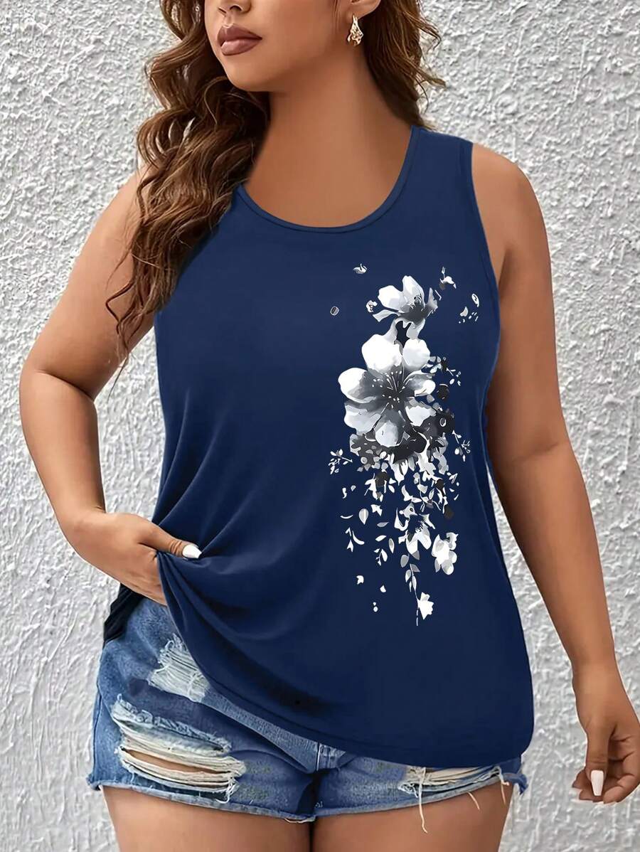 EMERY ROSE Camiseta sin mangas de cuello redondo con estampado floral para mujer de talla grande - Azul Marino - Ver 1