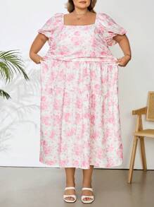 SHEIN CURVE+ Plus Size Women's Asymmetrical Flowers With Pink And White Prints, Holiday Women's Long Dresses, Parties, Milkers, Romantic Long Dresses For Spring/Summer Boho Vacation