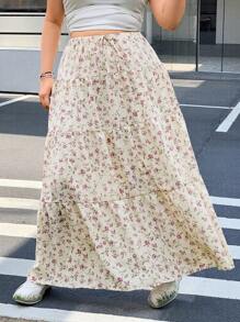 SHEIN EZwear Plus Size Ditsy Floral Long Flared Skirt, Suitable For Spring And Summer Holiday