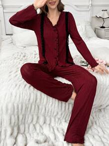 女士撞色滚边荷叶边单排扣长袖上衣和长裤睡衣套装，圣诞节礼物