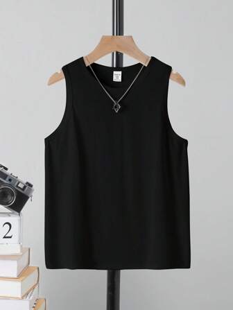 SHEIN Tween Boys Casual Minimalist Round Neck Black Tank Top, Suitable For Summer