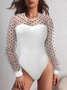 SHEIN Privé Crew Neck Mesh Patchwork Knit Bodysuit
