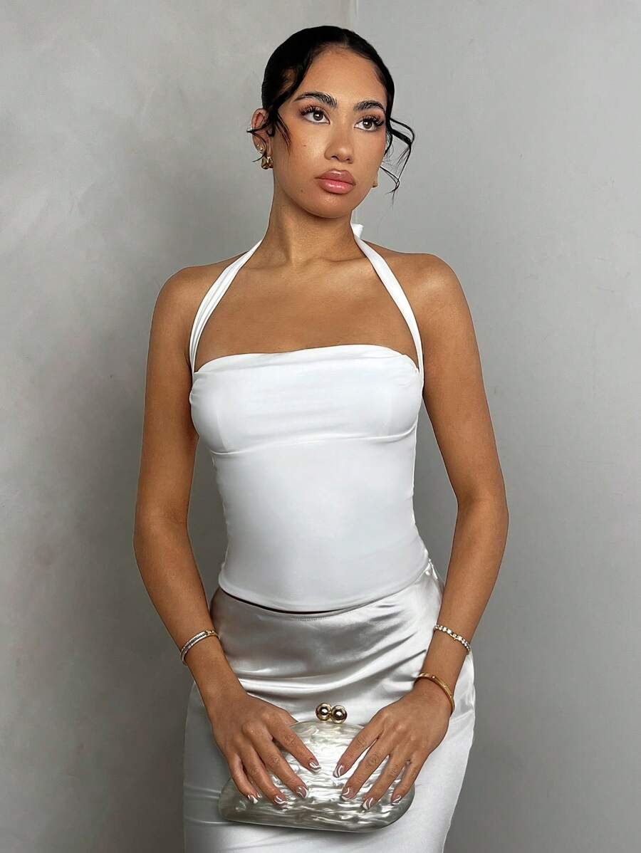 Glamine Áo tank top không tay, hở lưng, xếp ly, màu trắng gợi cảm, thích hợp mặc đi chơi, dự tiệc, lễ hội, mùa hè, áo croptop, áo mùa hè. - trắng - Xem 1