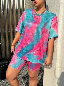 SHEIN EZwear 大码女式扎染两件套：短袖 T 恤和骑行短裤夏季服装，骑行短裤 - 彩色 - 查看 4