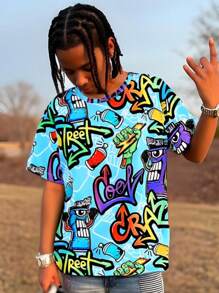 SHEIN Tween Boys' Cartoon & Letter Printed Short Sleeve T-Shirt