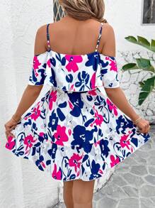 SHEIN Clasi Women's Elegant Open Shoulder Ruffle A-Line Colorful Printed Summer Mini Dress, Holiday Dress,Sun Dress