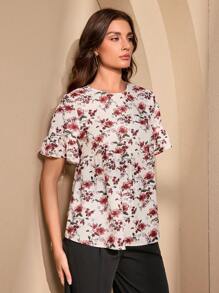 Almamuse 女式休闲印花荷叶边下摆衬衫 - 杏色 - 查看 5