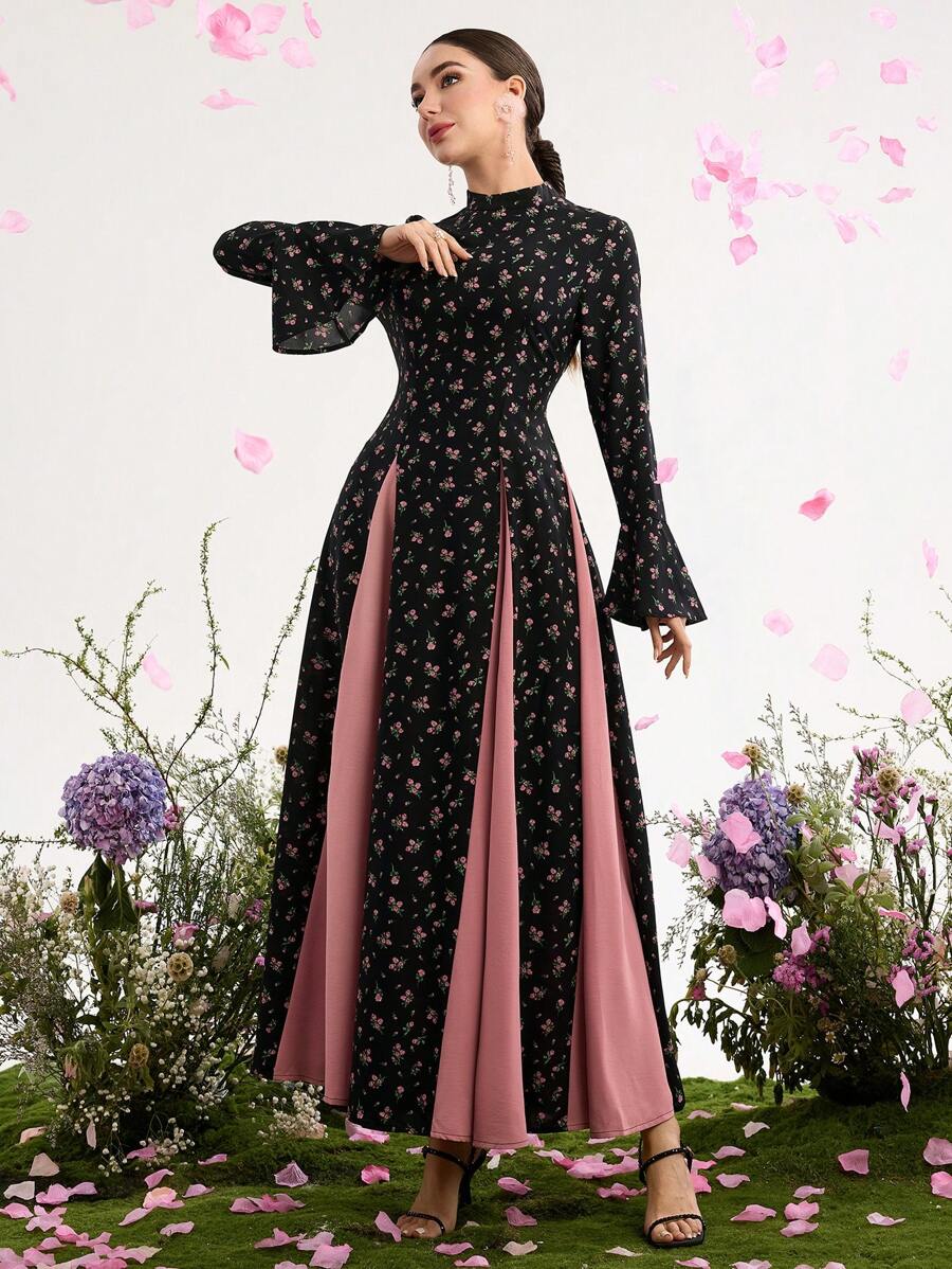 Graceveil 女式小巧碎花拼布撞色束腰喇叭袖立领连衣裙 - 黑色 - 查看 1