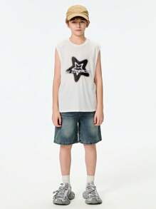 SHEIN 2件套 青少年男童休闲街头字母星星印花上衣配牛仔短裤 - 白色 - 查看 6