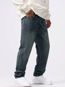 Manfinity Homme Men's Casual Straight Leg Distressed Jeans With Pockets - Medium Wash - View 3