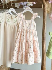 Vintaside Kids Girls' Stylish Korean-Style Ditsy Floral Suspender Dress, Suitable For Beach Vacation, Travel And Photography, Giving A Fashionable And Fresh Feeling, A Must-Have Summer Dress - Apricot - View 6
