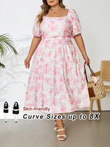 SHEIN CURVE+ Plus Size Women's Asymmetrical Flowers With Pink And White Prints, Holiday Women's Long Dresses, Parties, Milkers, Romantic Long Dresses For Spring/Summer Boho Vacation