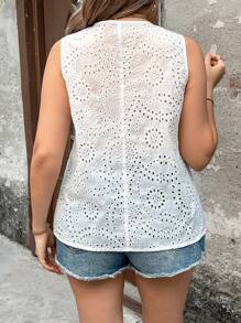 Breezaya Plus Size Women Embroidery Patchwork Sleeveless Shirt - White - View 2