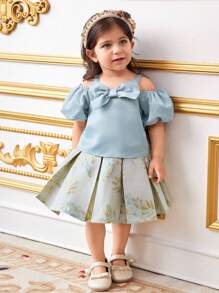 SHEIN 2 件套女婴细肩带露肩上衣，带蝴蝶结装饰和提花褶皱 A 字裙 - 綠色 - 查看 3