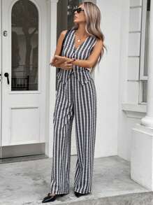 SHEIN Essnce 2 pièces Femmes Gilet rayé à simple boutonnage et pantalon Costume décontracté ample