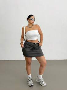 Flirla Plus Size Women Drawstring Waist Short Casual Cargo Skirt