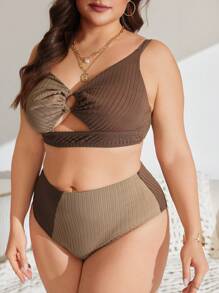 3 件大码女式罗纹拼色休闲度假泳装