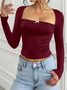 SHEIN Teen Girls Black Knitted Form-Fitting High Elasticity Square Neck Front Bow Decor Casual Elegant Versatile Long Sleeve T-Shirt - Burgundy - View 1