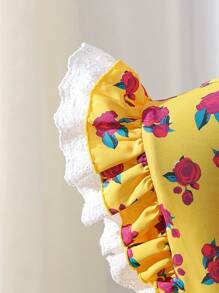 1pc Tween Girls Rose Print Stitching Cap Sleeve Beach Dress, New Arrival Spring/Summer