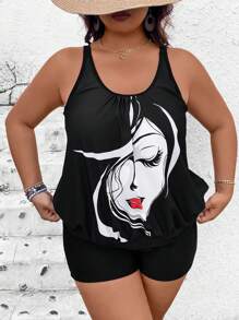 SHEIN Swim Lushore Plus Size Vacation Casual Face Print Halter Bikini Top - Black and White - View 1