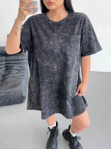 Flirla 大码女式仿旧复古黑色大码落肩口袋宽松连衣裙