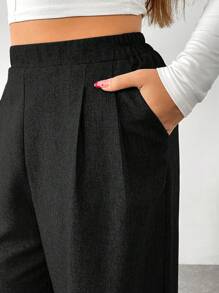 SHEIN Essnce Plus Size Women's Spring And Summer Fashion Casual Loose Daily Comfortable Retro Black Elastic Waist Wide Leg Pants,Women Bottom,Work Pants,Fall,Old Money,Vintage Pants