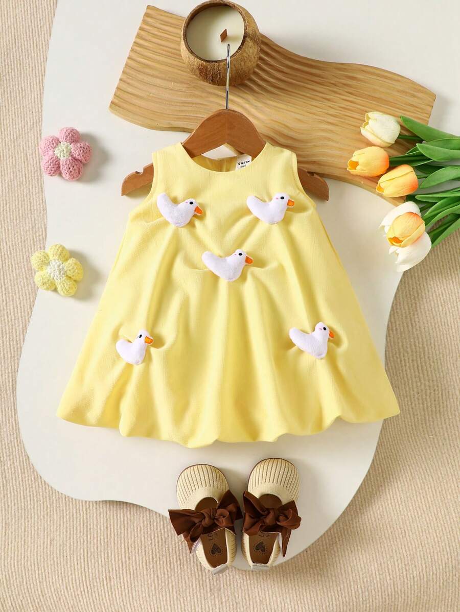 SHEIN 女婴可爱小黄鸭连衣裙，休闲时尚，适合日常穿着 - 彩色 - 查看 1