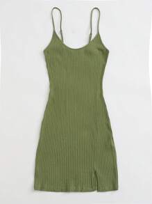 SHEIN EZwear Summer Outing Split Hem Rib-Knit Solid Dress - Army Green - View 3