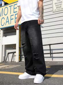 Manfinity EMRG 男士休闲破洞口袋简约牛仔裤，适合日常穿着 - 黑色 - 查看 8