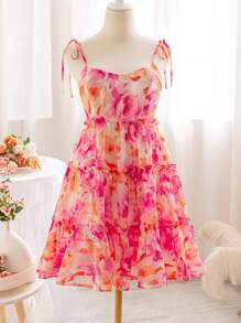 Soleia 女士浪漫花卉印花系带肩蝴蝶结迷你连衣裙，配有多层荷叶边下摆，适合度假 - 彩色 - 查看 1