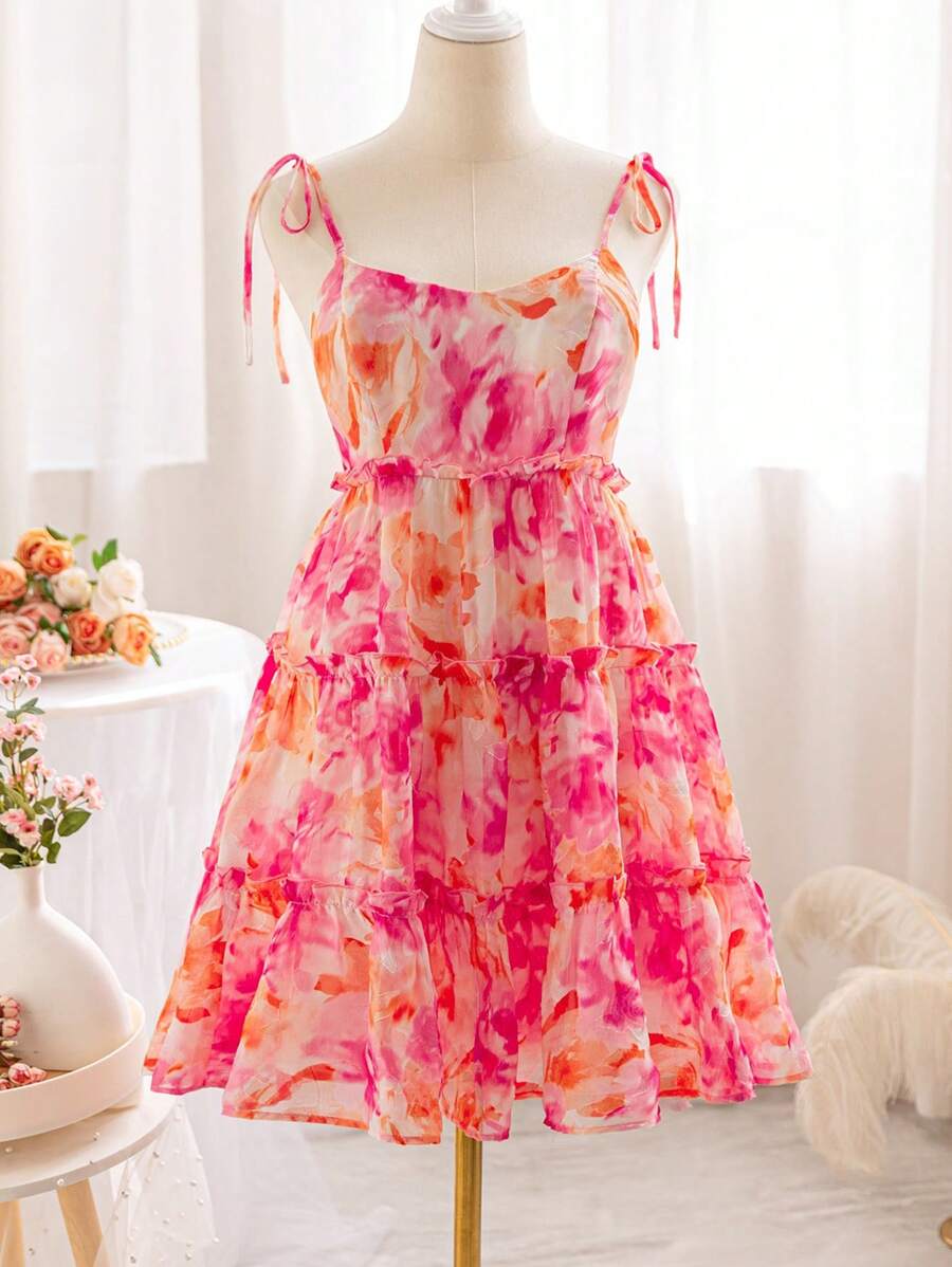 Soleia 女士浪漫花卉印花系带肩蝴蝶结迷你连衣裙，配有多层荷叶边下摆，适合度假 - 彩色 - 查看 1