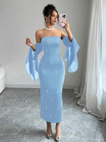 Rafferiza 女士优雅露肩仿珍珠串珠黑色性感紧身可爱派对舞会抹胸雪纺透明喇叭袖 2025 新款长裙 - 藍色 - 查看 5