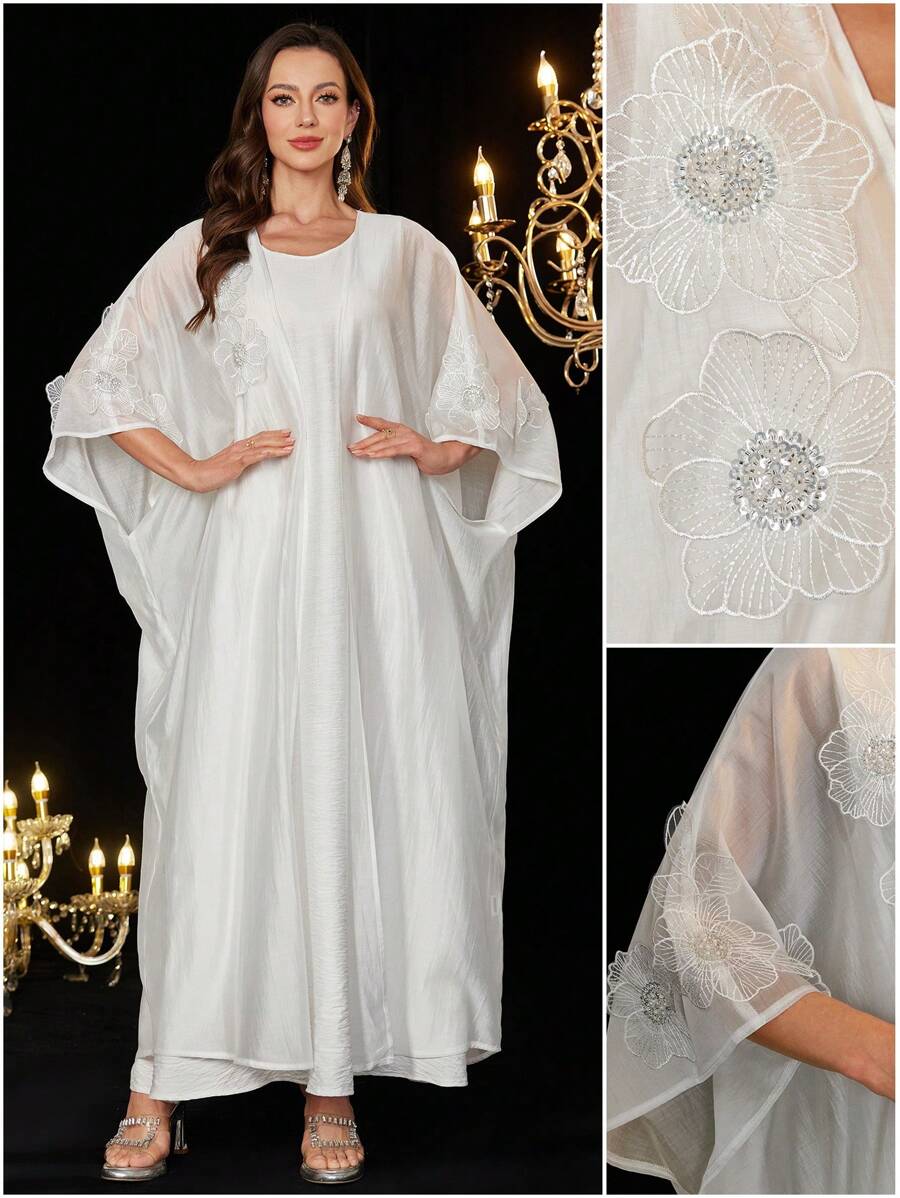 Al Najma 2pcs Set Women Loose White Robe + Tank Dress, Thin Floral 3D Design, Spring/Summer - White - View 1