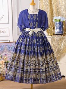 SHEIN Tween Girl' Style Gold Foil & Retro Printed Chiffon Dress With Shawl - Royal Blue - View 1