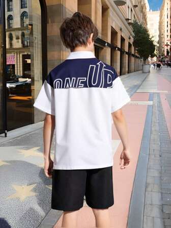 SHEIN Tween Boy Casual Patchwork Cool Printed Turndown Collar Short Sleeve Shirt, Summer