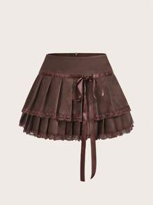 Aloruh 女士性感蕾丝拼布复古皮革褶皱迷你裙 - 棕色 - 查看 1