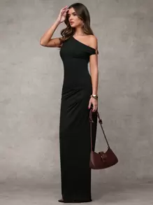 SHEIN BAE 女士优雅不对称肩部金属缀饰长裙，适合派对聚会和日常通勤穿着 - 黑色 - 查看 3
