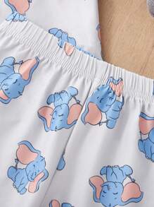 2 pièces/Set Haut à manches courtes et shorts gris imprimé éléphant pour jeune fille, tenue de maison décontractée et mignonne - Gris - Voir 4