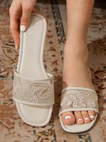 CUCCOO TILAWA Dép lê và sandal đế bằng thêu giả ngọc trai bằng lưới, thoáng khí, thoải mái, thanh lịch, đa năng dành cho nữ, thích hợp cho dịp Giáng sinh. - Màu be - Xem 10