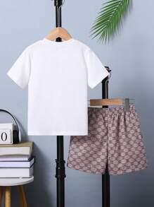 2pcs Set Young Boys Round Neck T-Shirt And Printed Shorts, Summer Getaway, Holiday, Travel, Relax, Sunbathing - White - View 2
