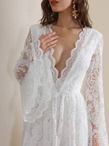 Anewsta 优雅复古风格特色花卉蕾丝 V 领半透明喇叭袖女式连衣裙，节日外出度假装，波西米亚风海滩装