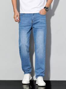 Manfinity Homme Men's Light Wash Denim Jeans: Classic Zipper Fly Long Length And Relaxed Fit For Everyday Style - Light Wash - View 8